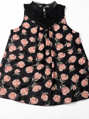 IZ Byer Black Floral Lace Neck Blouse XL Flowy Sleeveless